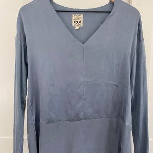 Go By Go Silk V-Neck Mixed Media Top, Blue, Size XS